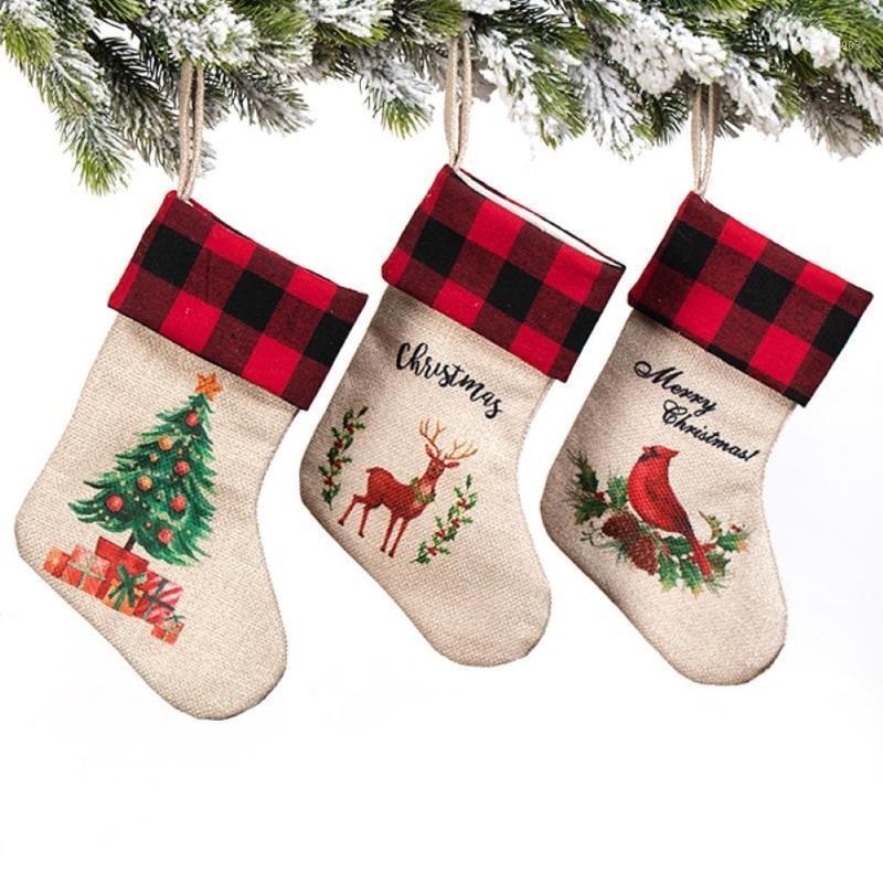 

Linen Christmas Tree Elk Bird Pattern Stockings Candy Gift Storage Bag Xmas Tree Hanging Pendent Ornament Holiday Decor1