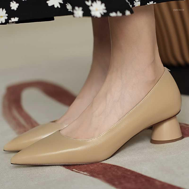 

Women's genuine leather thick heel pointed toe slip-on pumps elegant ladies comfortable style dress evening shoes for women1, Nude