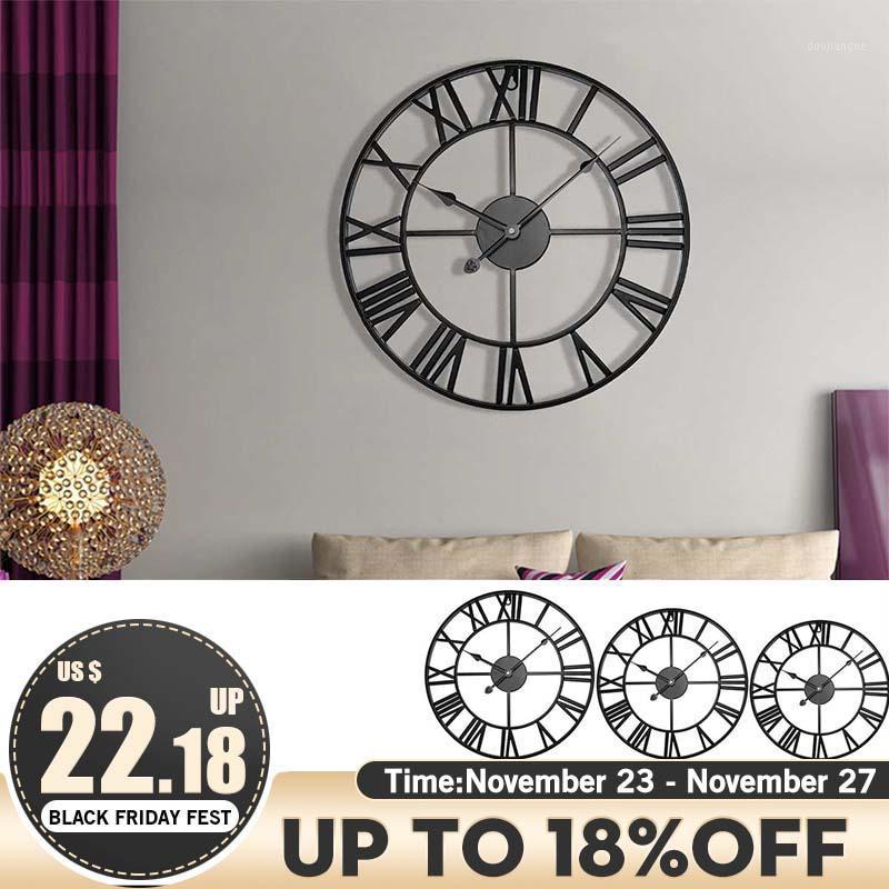 

40/47/60/80cm Modern 3D Large Retro Black Iron Round Art Hollow Metal Wall Clock Nordic Roman Numerals Clock Home Decoration1