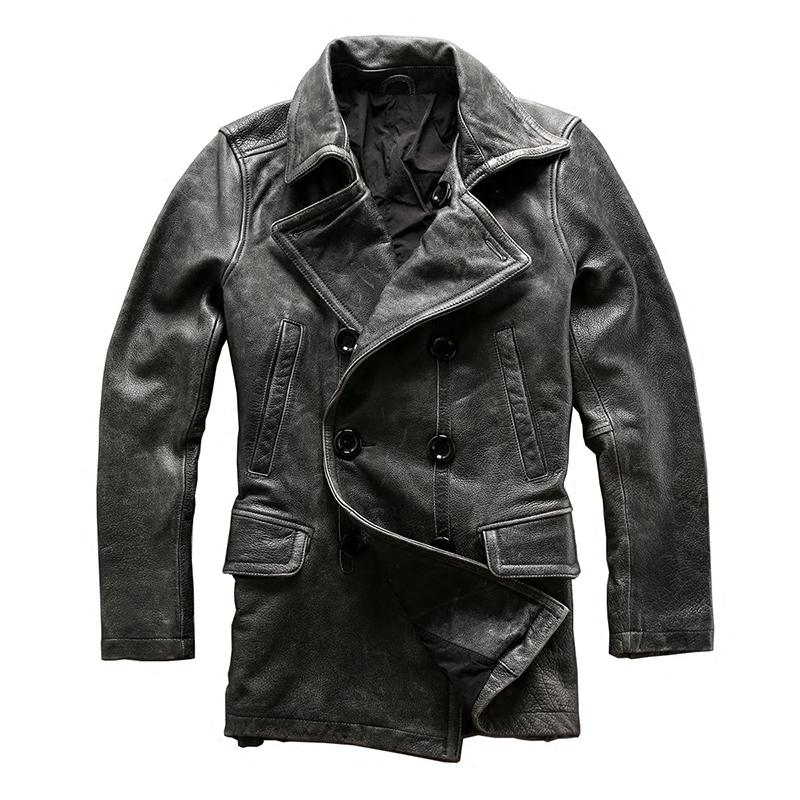 

Men's Leather & Faux Read Description! Asian Size Mans Winter Genuine Cow Jacket Classic Gray Cowhide Pea Coat, Black