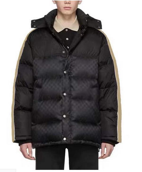 Men Jacquard Nylon Padded Down Jacket Reflective Strap Removable Hoodies Designer Gentleman Snap Button Zip Closure Knit Rib Trim Black Winter Co