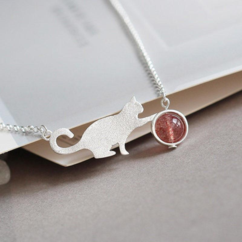 

Chains Sterling Silver Color Cute Cat Necklaces & Pendants Pink Crystal Stones Creative Clavicle Chain Jewelry For Women Girl Gift