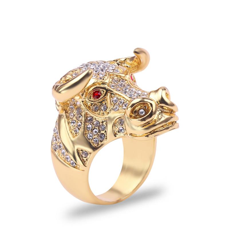

Punk Hip Hop CZ Big Ring Chunky Black Bull OX with Golden Color Horns Rhinestones Jewelry for Unisex Men Women Fashion