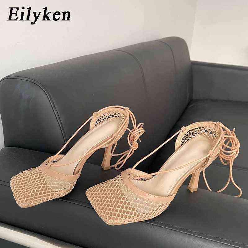 

Eilyken New Sexy White Hollow Mesh Pumps Sandals Female Square Toe Stiletto High Heel Ankle Lace Up Cross-tied Party Dress shoes Y220225, Black