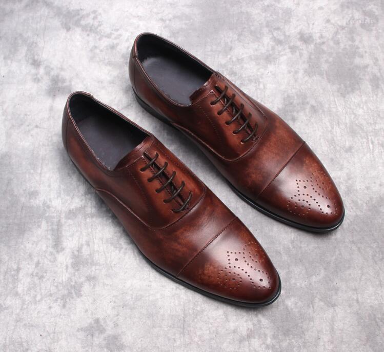 

Brogue shoes men lace up genuine leather pointed toes varved brogues vintage patchwork handmade formal casual oxfords1, Black
