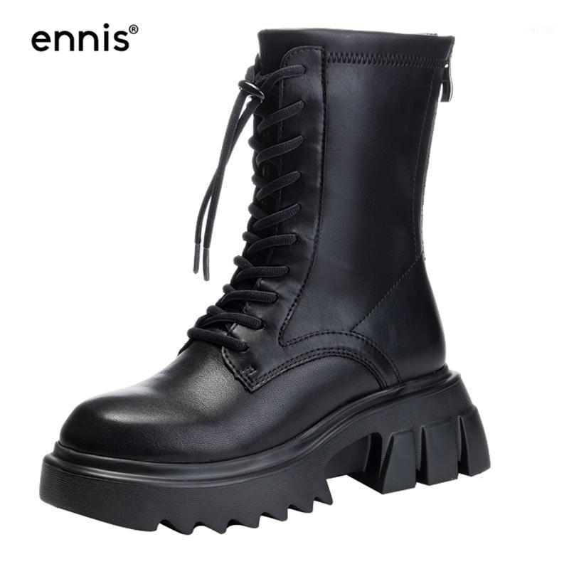 

ENNIS Women's Mid Calf Boots Thick Bottomed Shoes Lace-up Boots Black Winter Autumn Round Toe Female Shoes A24A1
