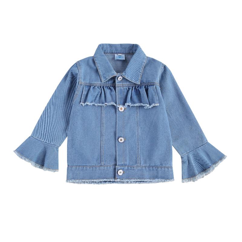 

Autumn and Early Winter Kid's Denim Coats Long Flare Sleeve Lapel Collar with Buttons for Girls Outerwear Fashionable Jackets, As pic