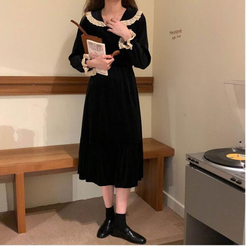 

2021 New 2-colour Shredded lace elegant square collar in autumn dress of women released black velvet dressed (x1694) 879Y, 1694 dress