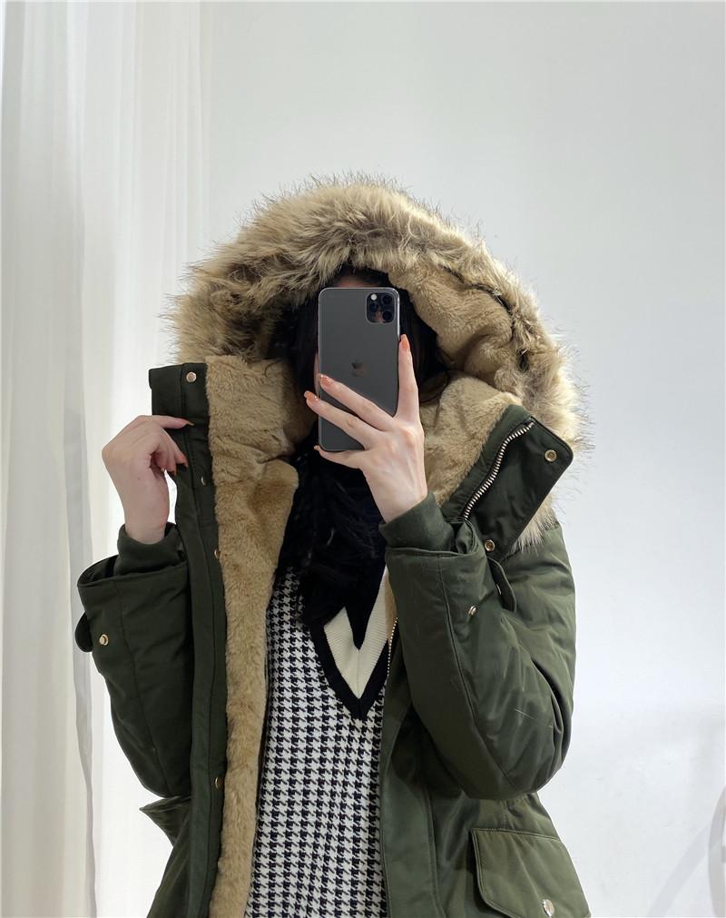 

New lamb wool thickened cotton-padded jacket middle and long women's cotton-padded jacket with large fur collar, Black