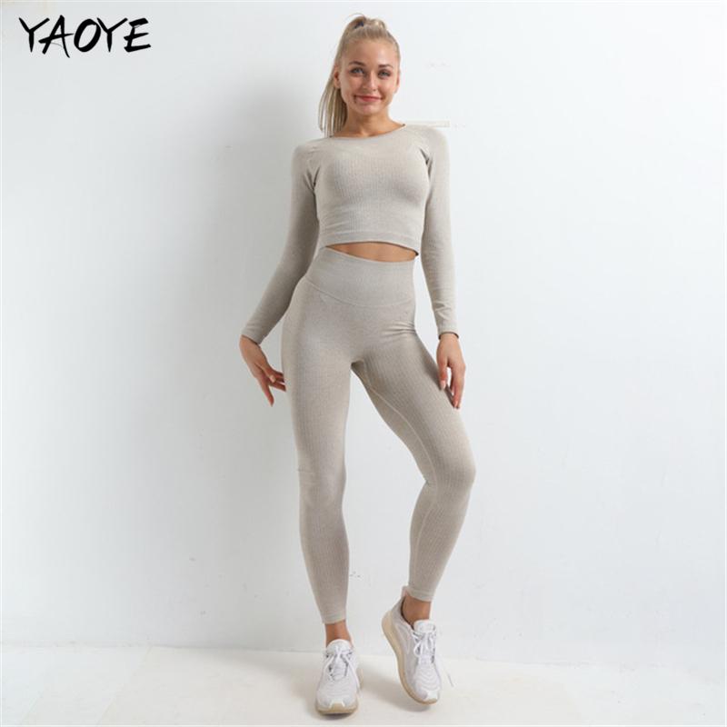 

YAOYE 2Pcs Long Sleeve Crop Top + High Waist Leggings Sports Suits Seamless Women Yoga Set Workout Sportswear Gym Fitness Cloth, Shirts pants gray
