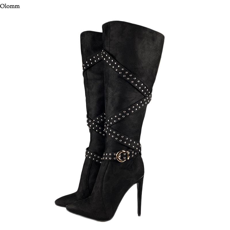 

Olomm Handmade Women Knee High Boots Studded Stiletto High Heels Boots Pointed Toe 7 Colors Party Shoes Women Plus US Size 5-15, D2735 blue