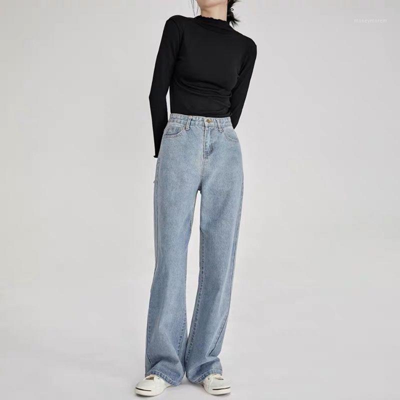 

2020 Autumn Women High Waist Loose Comfortable Jeans Fashion Casual Straight Wide Led Pants Mom Jeans1, Sky blue