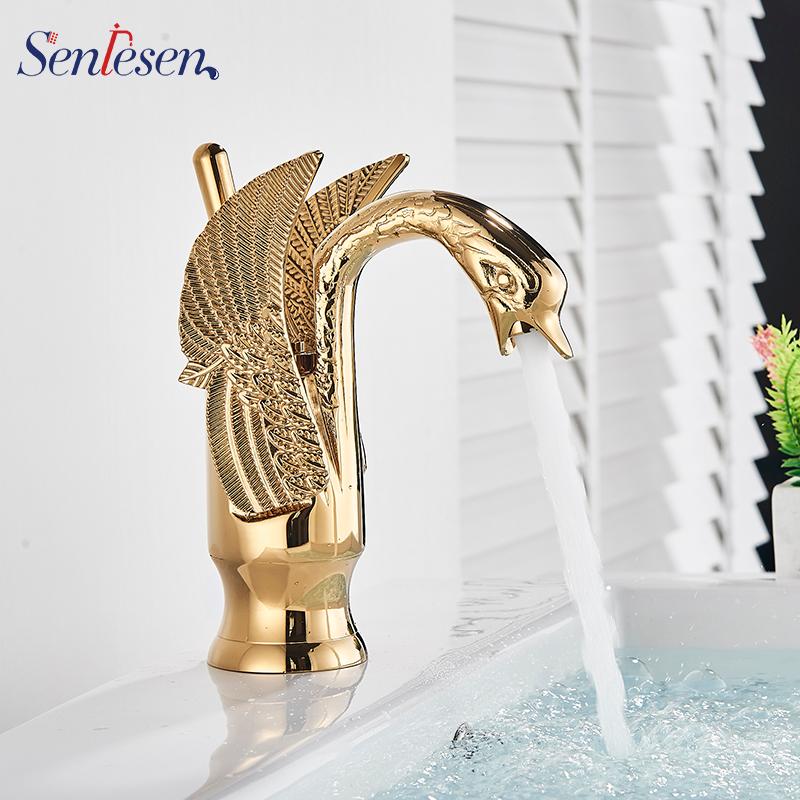

Senlesen Luxury Swan Shape Brass Basin Sink Faucet Bathroom Single Hole Centerset Basin Mixer Tap Gold Finish Swan Faucet