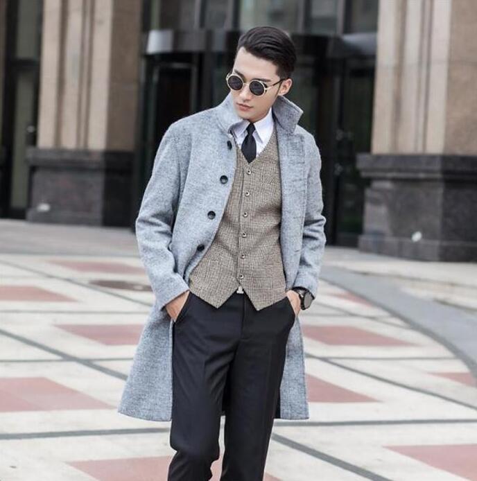 

Grey casual woolen coat men youth trench coats long sleeves overcoat mens cashmere coat casaco masculino inverno erkek england, Black