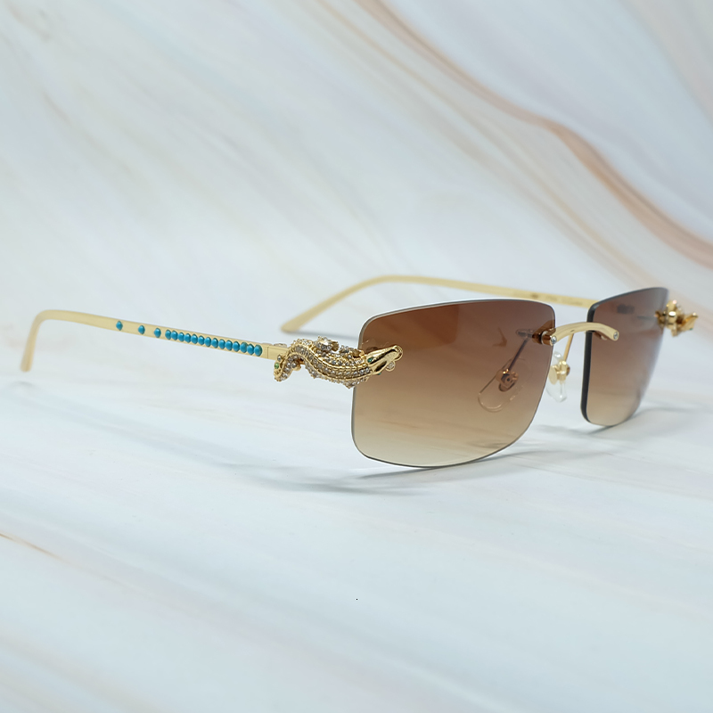 

2021 New Luxury Golden Corcodile Rimless Carter Glasses Frame Rhinestone Sunglass Women Blue Diamond Brand Designer Sunglasses Men 6x87