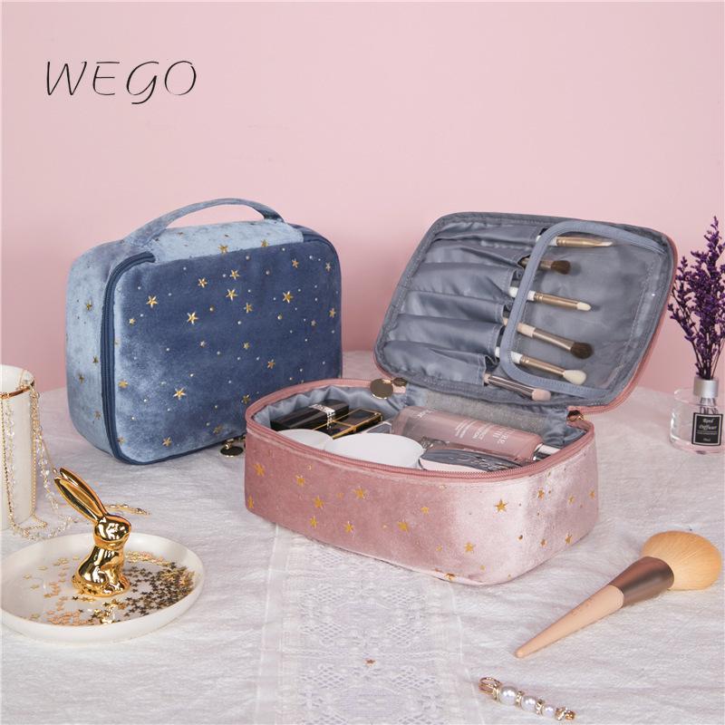 

Velvet Cosmetic Bag Soft Portable Travel Lipstick Storage Sequins Star Flannel Double Layer Cosmetic Christmas New Year Gift, Blue