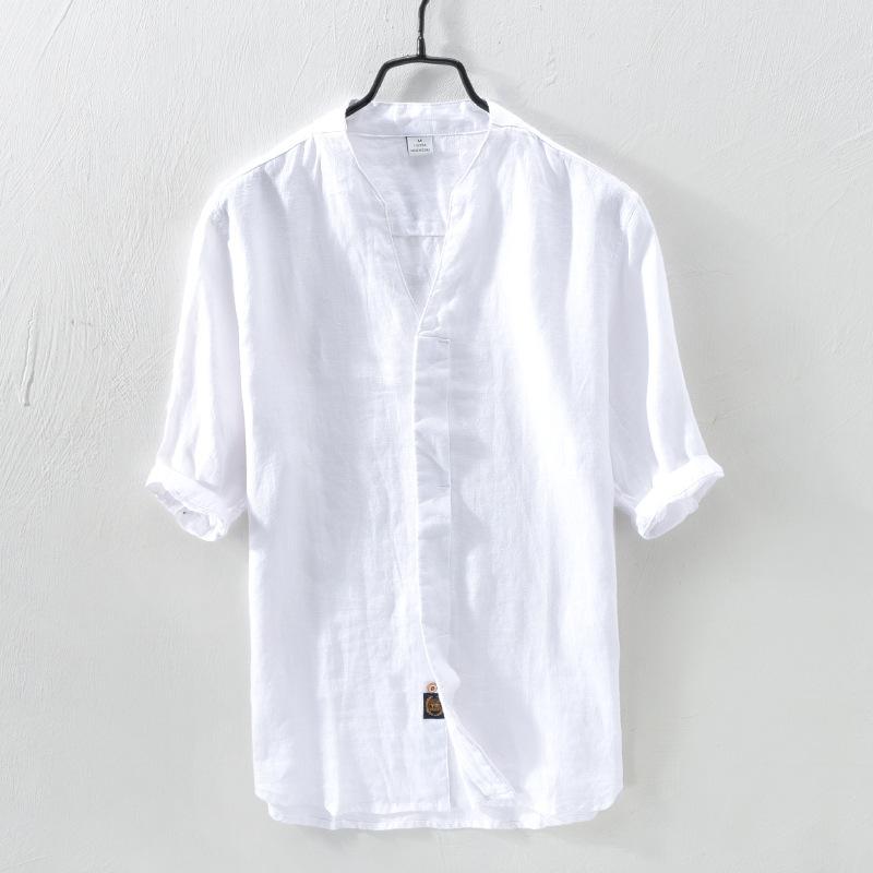

2020 Summer Men's Pure Linen Shirts Half Sleeve White Casual Holiday Clothing Y2679, Khaki