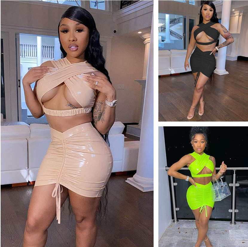 

2021 Sexy Fashion Solid Color women's open back open necked vest pleated skirt Halter Halter Hollow Vest Pleated Hip Short Skirt Sets, Black