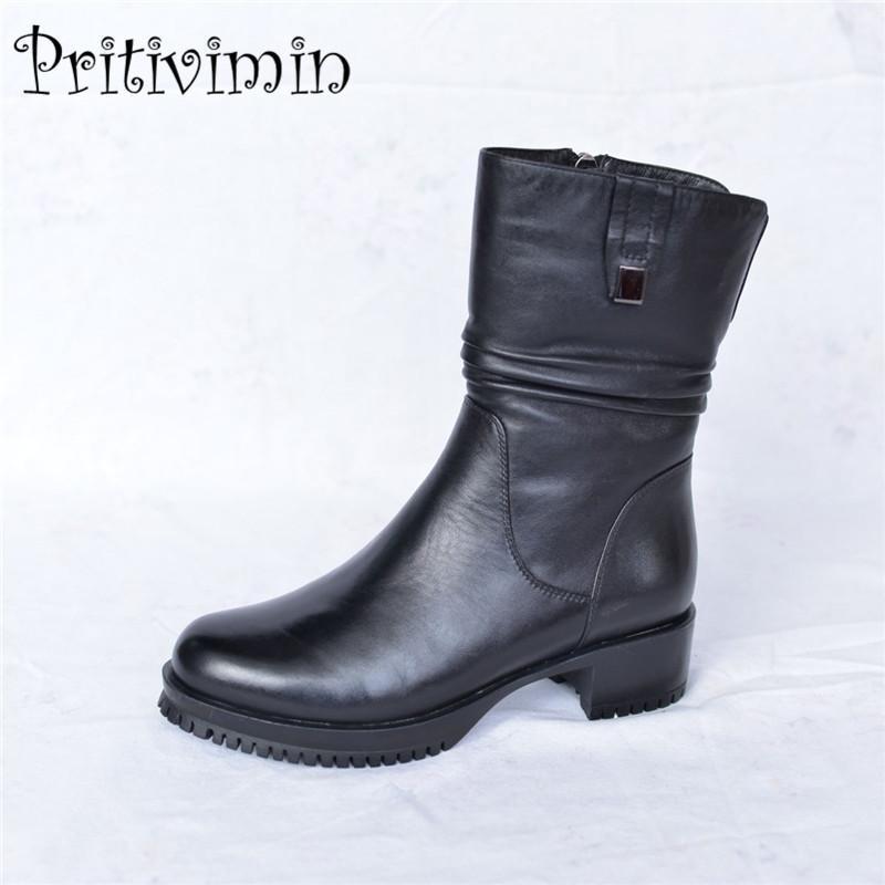 

Fashion winter women botas mujer shoes Ladies cow leather bottes femmes girl thick heel real wool lining boots Pritivimin FN531, Black