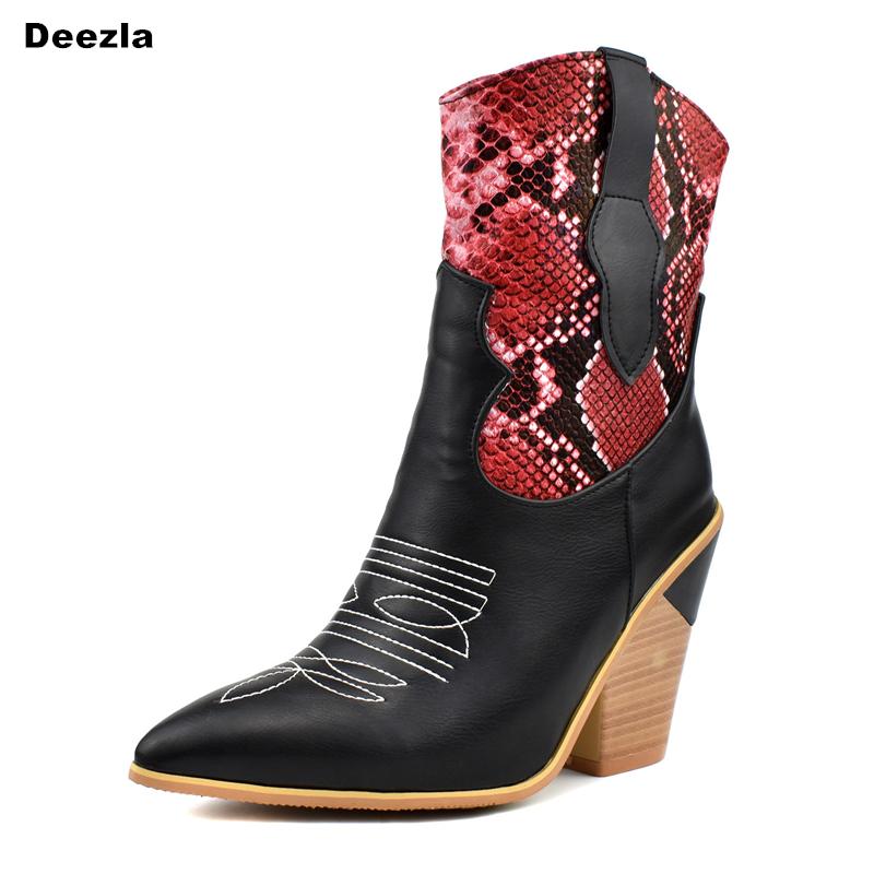 

Cossacks PU Leather Ankle Boots Women High Heels Boots Fashion Snake Print Cowgirl Autumn Winter 2020 Women's shoes 34-46, Red