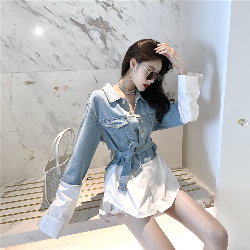 

2021 Denim Women's New Spring Break Loose Big Twotwinstyle Chic White Shirts Korean Blouses Track Tops Clothes 0GNV, The pictures