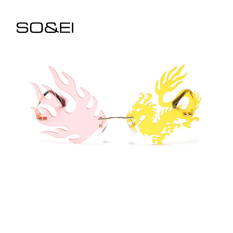 

SO&EI Fashion Unique Phoenix Shape Sunglasses Women Vintage Rimless Eyewear Clear Ocean Lens Sun Glasses Men Shades UV400