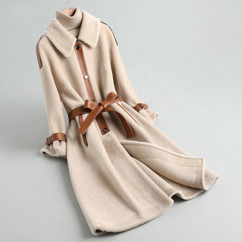 

Fashion Women Winter Faux Wool Fur Coat with Belt Long Fur Coat Female Turn Down Collar Warm Overcoat Plus Size Plush Coats, Beige