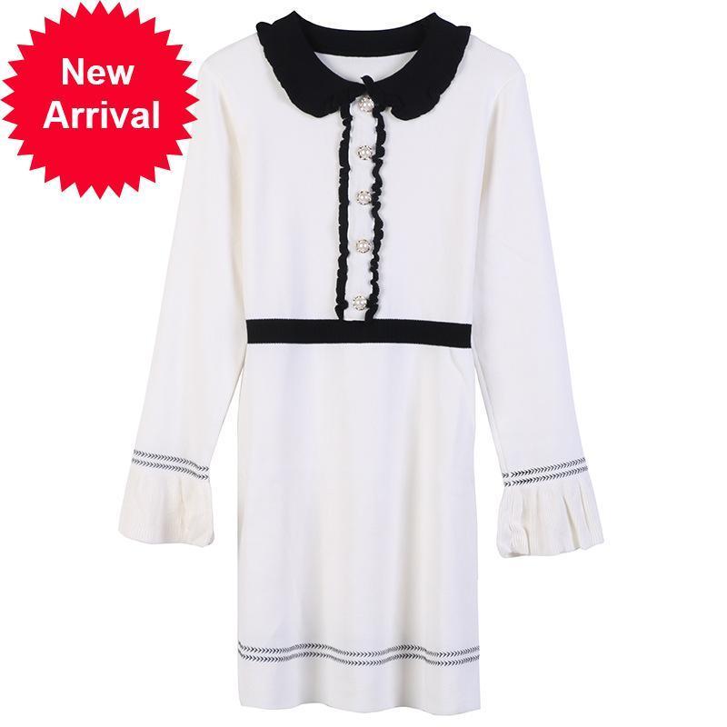 

High 2021 New Quality Casual Clothing Female Autumn Slobbering Lace Long Striped Sleeve Midi Thin Black Knit White Dress FA72, Beige