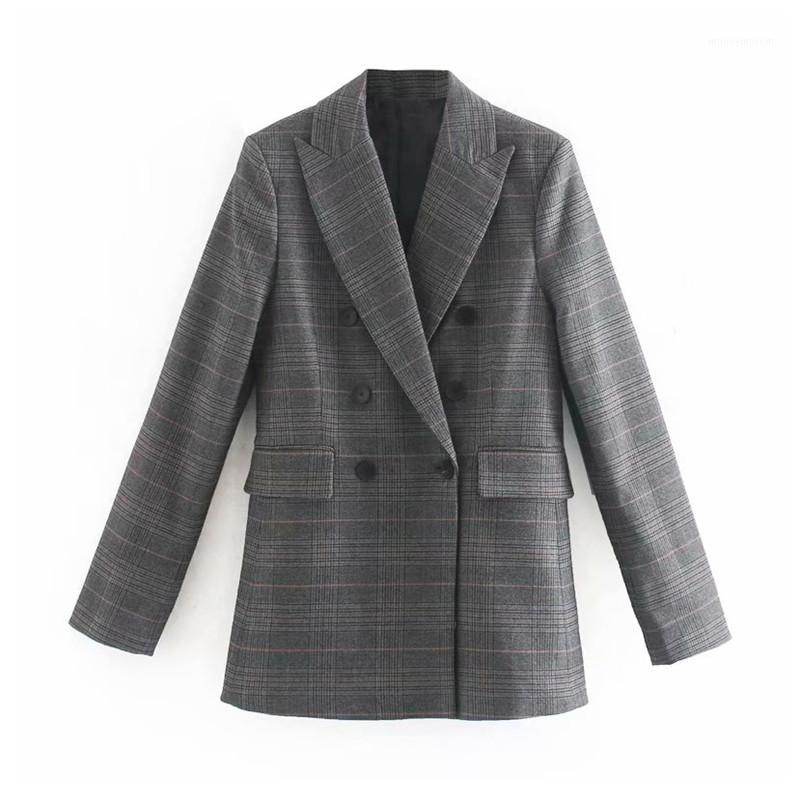 

Women elegant plaid suit blazer Double-breasted pocket design long sleeve blazers coat female outwear tops1, Dark grey