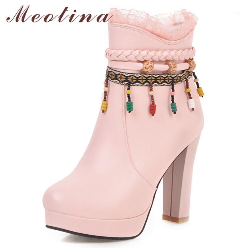 

Meotina Autumn Ankle Boots Women String Bead Thick Heels Short Boots Zipper Super High Heel Shoes Female Winter Plus Size 33-431, Black