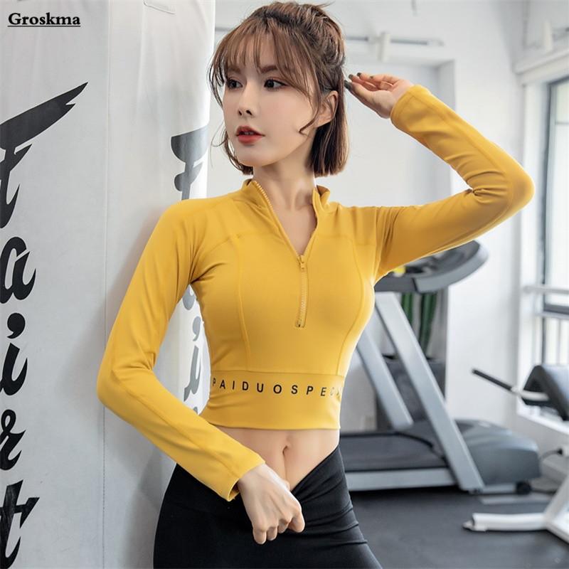 

Quick Dry Long Sleeve Crop Tops Yoga T Shirt Women Fitness Gym Clothing Sports Running Tees Half Zipper Deportivas Mujer, Black