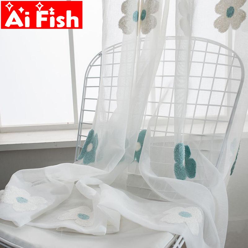 

Pink Flowers with cotton Embroidered Tulle Curtains for Living Room Blue Flowers Eembroidery White Sheer Tulle for Bedroom #3