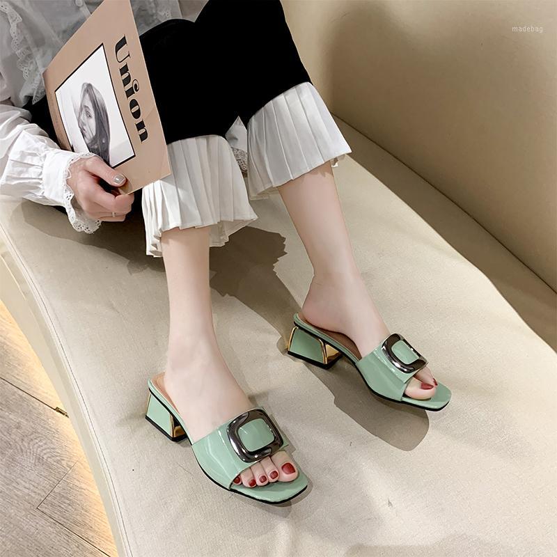 

Metal Buckle Thick Heel Slippers Women Sandals Multicolor Open Toe Slippers Summer Fashion Open Toe High Heels Women 20201, Beige