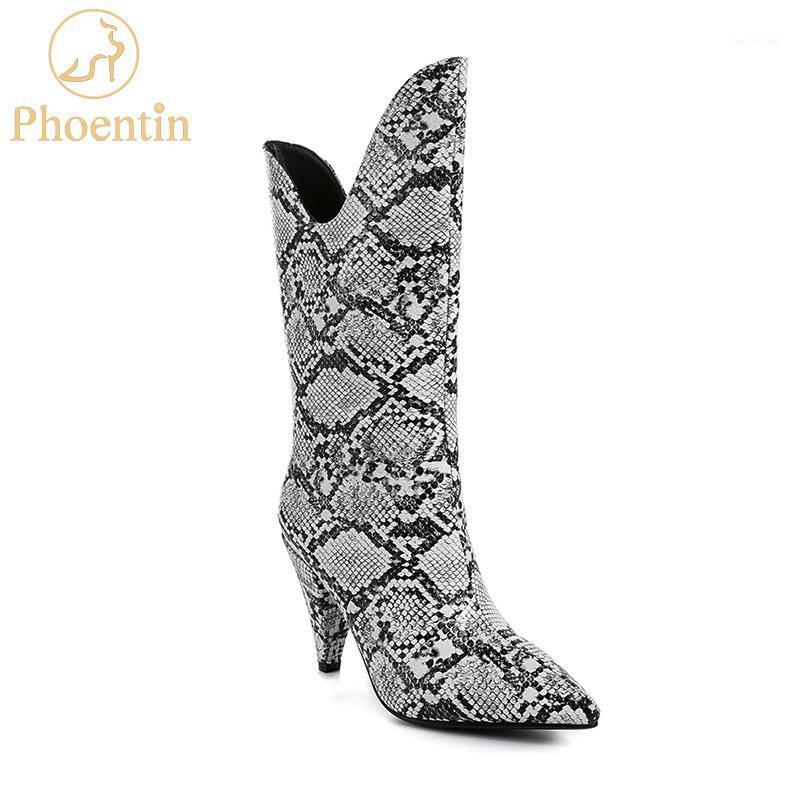 

Phoentin 2020 new arrival snake print booties spike high heels v shape top pointed toe pu leather slip on mid calf boots FT7101, White