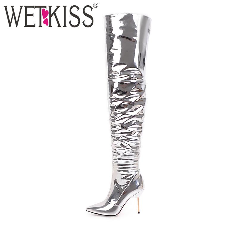 

WETKISS 2020 Fashion Shoes Woman Over the Knee Boots Zipper Sexy Thin High Heels Pointed toe Female Boot Stiletto Bar Footwear, Silver short plush