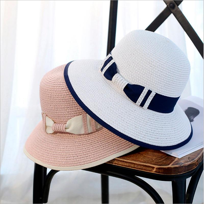 

Wide Brim Hats 2021 Fashion Bowknot Summer Sun Woman Straw Hat Beach Big Shade Sunscreen Girl Dome Cap, Beige