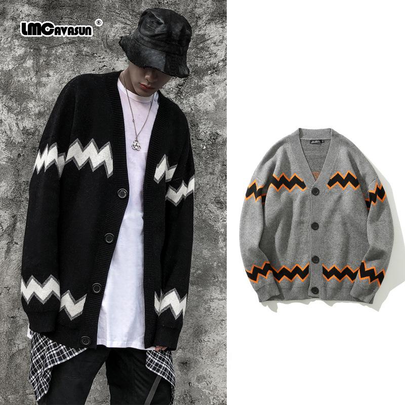 

LMC/ Hip Hop Hole Ripped Cardigan Sweaters Women 2020 Harajuku Stripe Knitted Cardigan for Woman Loose All-match V-Neck, Gray