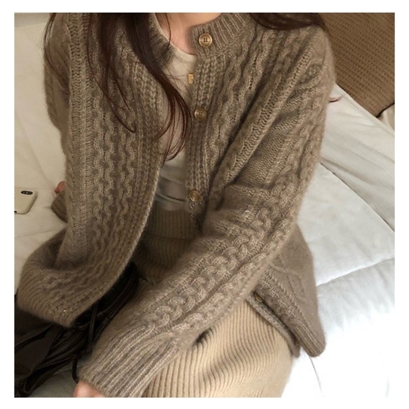 

Fall winter new style cashmere sweater cardigan women loose lazy o-neck twist cardigans knitted jacket 201017, Beige