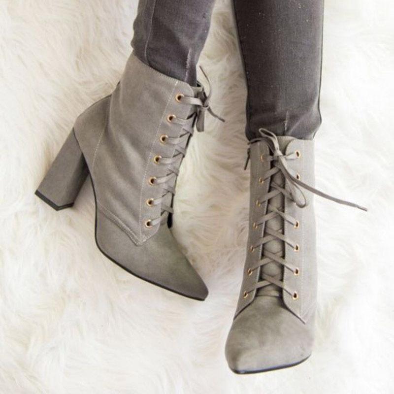 

High heels ankle boots for women sexy lace up pointed toe shoes ladies autumn winter punk boots big size zapatos mujer1, Black