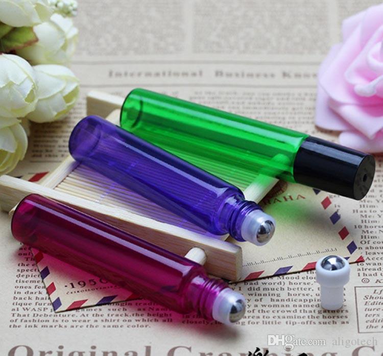 DHL Mix Purple Green Red Amber Colors 10ML Glass Roller Bottles with Stainless Steel Ball And Black Lids For Eliquid Essential Oil