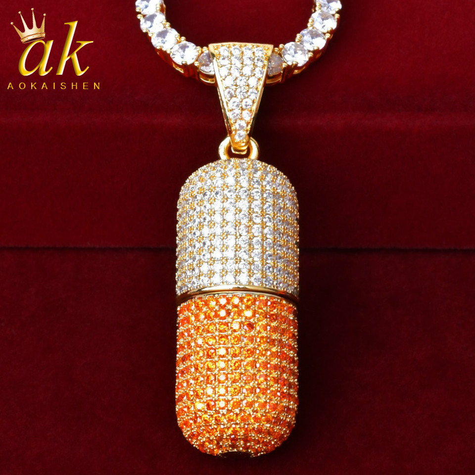 

Street Jewelry Necklace Linght Orange Color Pill Material Copper Full Cubic Zircons Hip Hop Rock Street, Silver