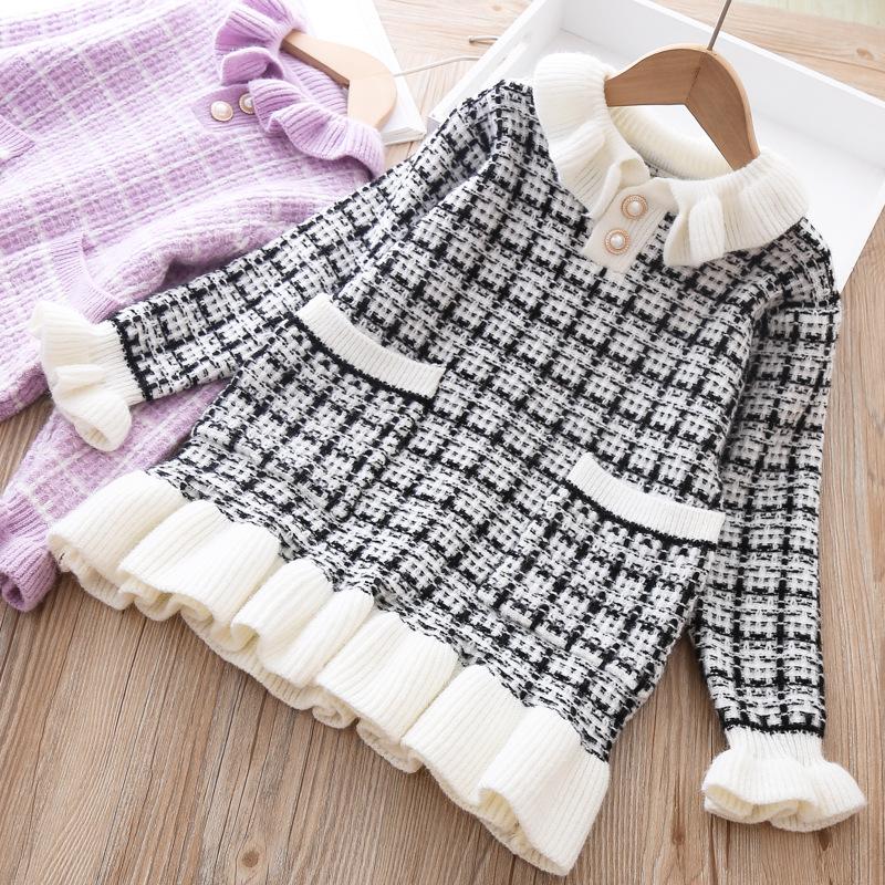 

Baby Girls Knitted Dress Sweater Ruffled Long-Sleeved Warm Woolen Dress Toddler Child Warm Undershirts Winter Autumn Clothing, Mx002 blue
