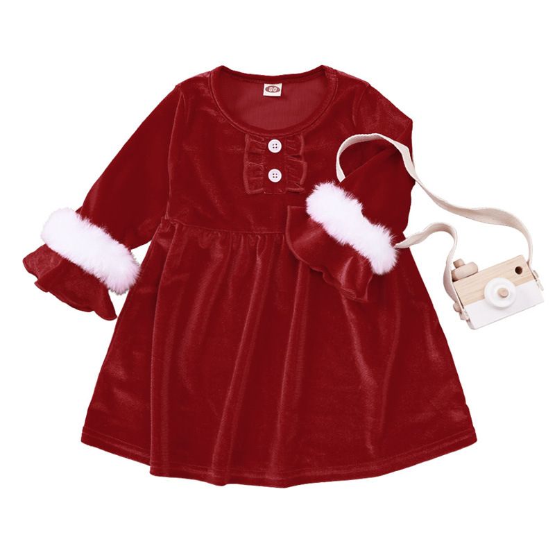 

Girls Christmas Red Lotus Leaf Cuff Dress Baby Christmas Round Neck Dresses Children Clothes ZXH2191