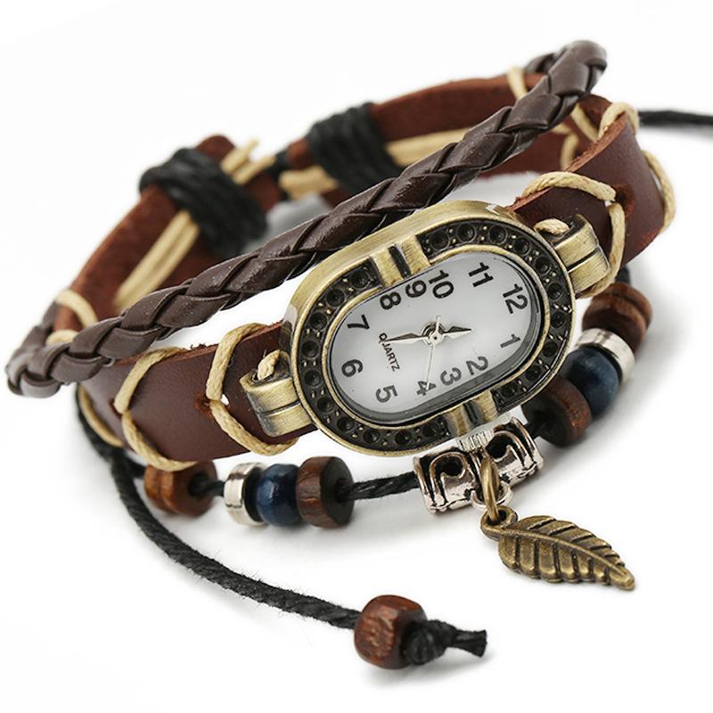 

punk rock Retro Genuine cow Leather Woven Watch Charm Bracelet Men Vintage leaves Braided Bracelets Bangles with DIY Metal Beads