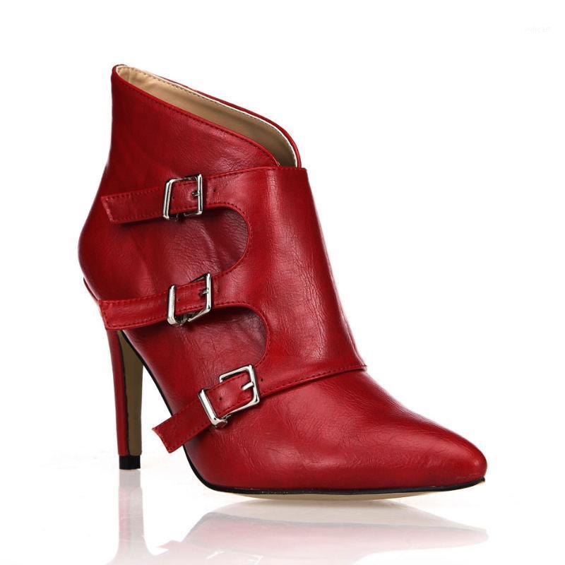 

CHMILE CHAU Burgundy Sexy Party Shoes Women Pointed Toe Stiletto High Heels Buckles Ladies Ankle Boots Zapatos Mujer 70887BT-i11, Black