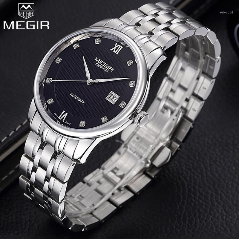 

Wristwatches MEGIR Brand Men's Mechanical Automatic Watch With Japan Movement Luxury Stainless Steel Black Business Wrist Watches Man C, Sliver white