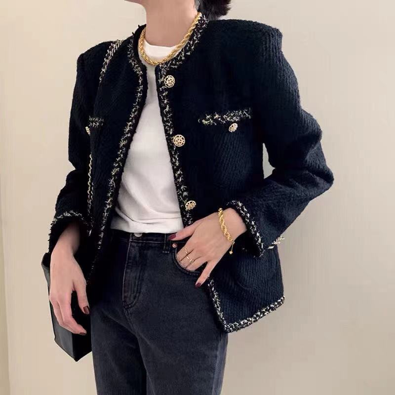 

2020 winter new style elegant and fashionable all-match slim suit short jacket women loose tweed woven jacket women, Black