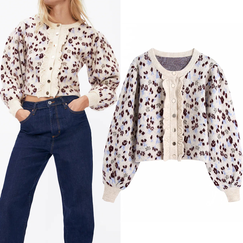 

2021 New Top Women Autumn Winter Vintage Floral Jacquard Long Puff Sleeve Cropped Knitted Cute Woman Cardigan Sweater Q57e
