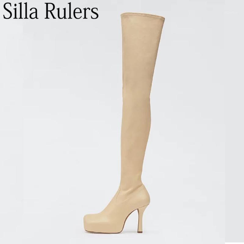 

New Style Square Toe Thick Sole Women's Over-the-knee Boots Sexy High Heels Long Boots Women Elastic Thigh High Woman 20201, Beige