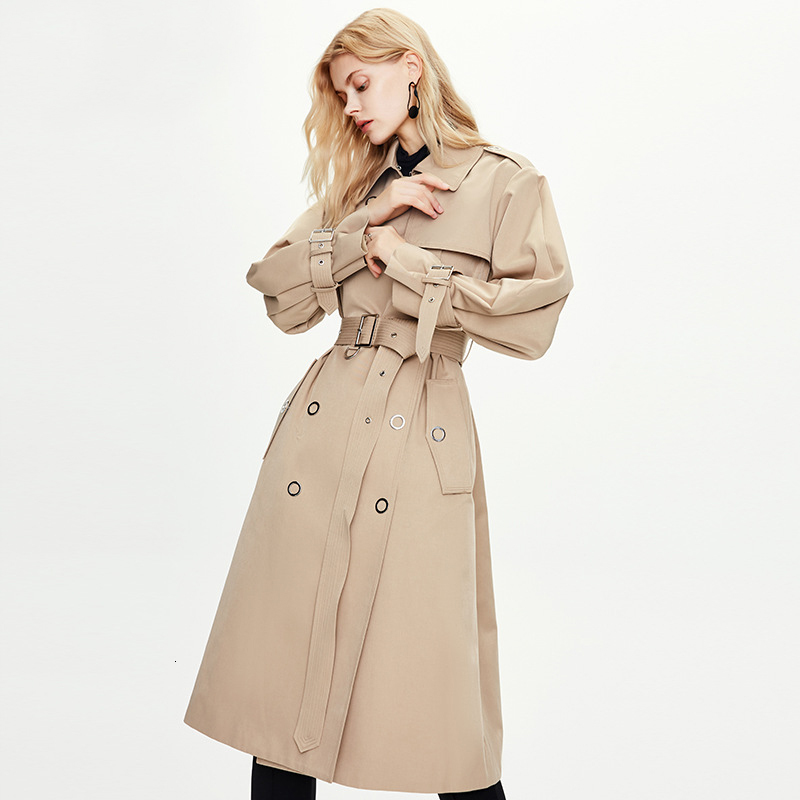 

2021 New Women with Turn-down Collar Drouble Female Breasted Long Trench Femme Coat Streetwear 24ht, Khaki.